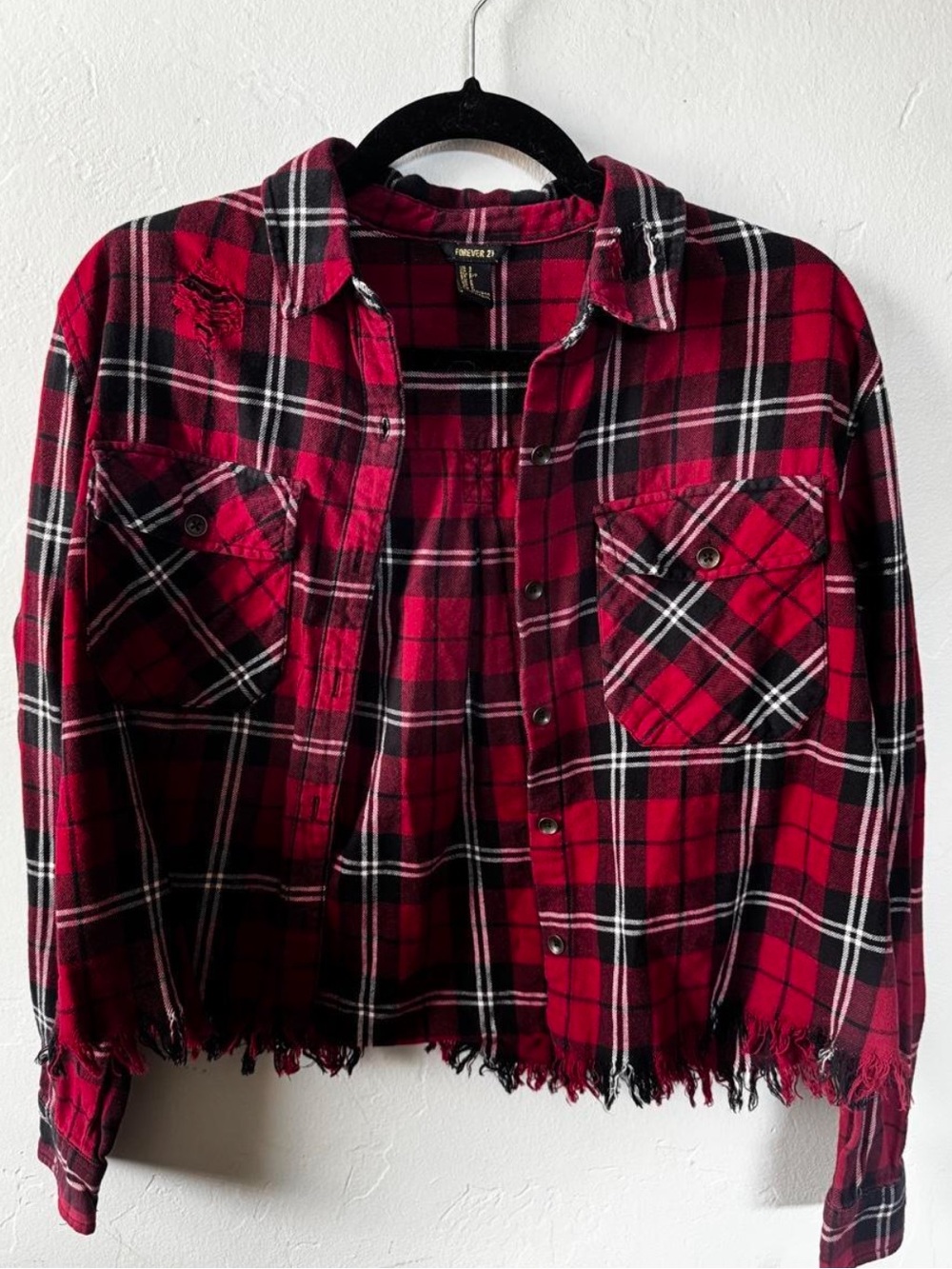 Forever 21 Red and Black Plaid Cropped Button-Front Flannel Jacket